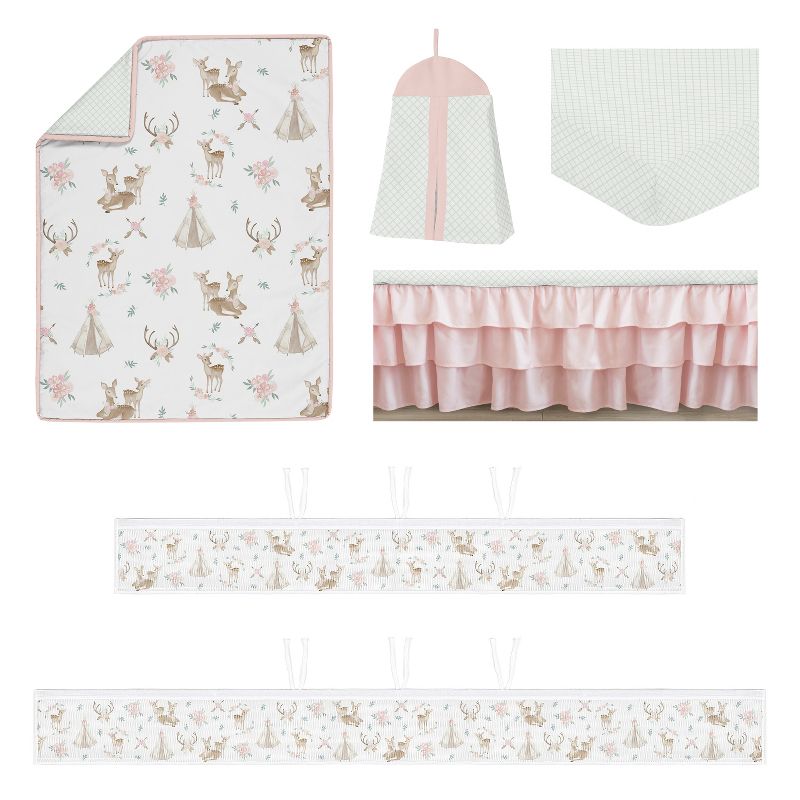 Sweet Jojo Designs Girl Crib Bedding + BreathableBaby Breathable Mesh Liner Deer Floral Pink Green White, 2 of 7
