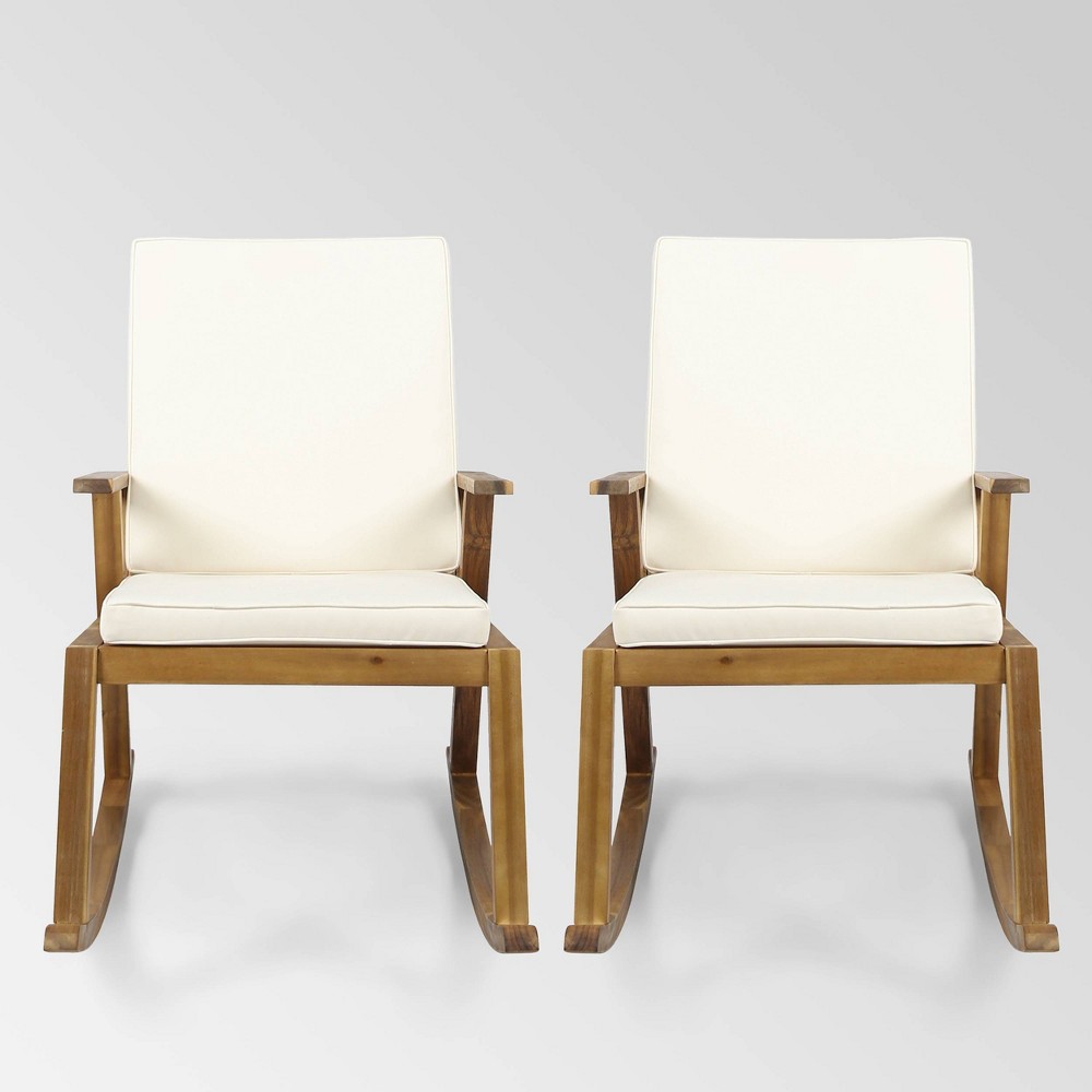 Photos - Garden Furniture Champlain 2pk Acacia Wood Rocking Chairs - Teak/Cream - Christopher Knight