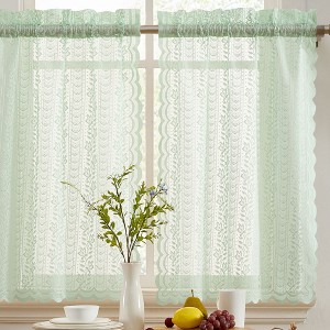 HLC.ME Sophia Floral Rod Pocket Lace Semi Sheer Voile Short Cafe Tiers - Set of 2 - 1 of 4