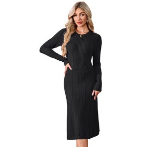 Coolmee Women's Long Sleeve Sweater Dress Fall Crewneck Ribbed Knit Pleated A Line Wedding Guest Maxi Dresses - 1 of 4