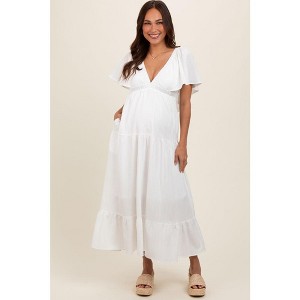 Pinkblush Ivory Deep V-Neck Flutter Sleeve Tiered Maternity Midi Dress - 1 of 4