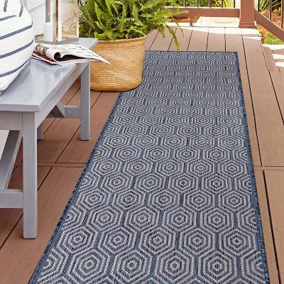 Blue Geometric Flat Woven Synthetic Runner Rug 2'x7'