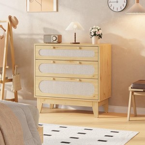 Rattan Dresser with 3 Drawers, Wooden Bedside Chest of Drawers, Small Bohemian Storage Cabinet, Bedside Table, Bedroom, Living Room - 1 of 4