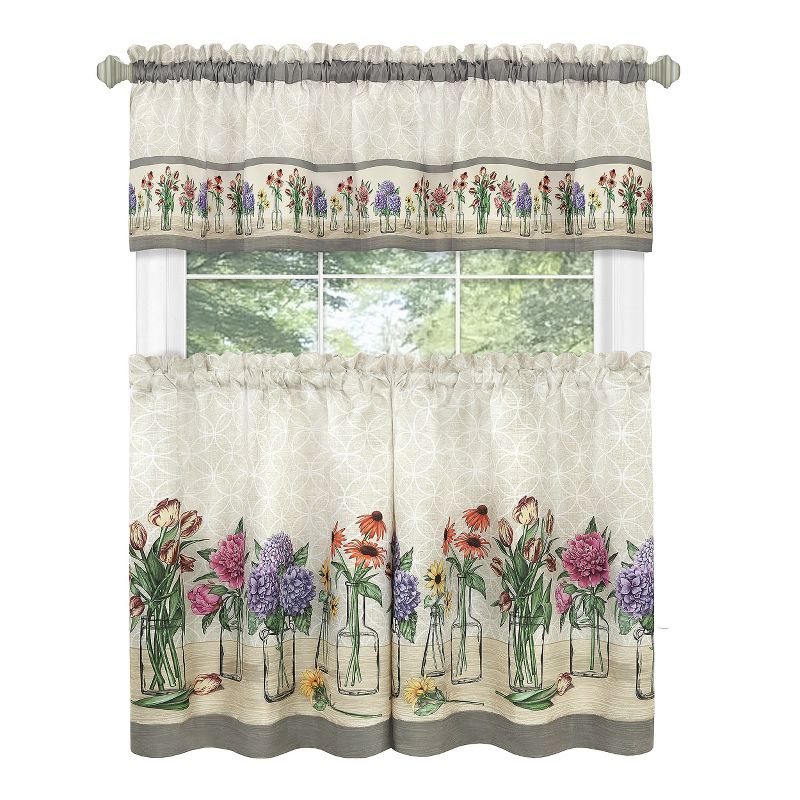Kate Aurora 3 Piece Gardenia Florals Rod Pocket Kitchen Curtain Tier & Valance Set, 4 of 9