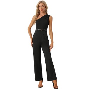 Allegra K Women's One-Shoulder Dressy Sleeveless Belt Wide Leg Rompers - 1 of 4