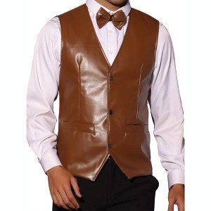 Lars Amadeus Men's Western PU Faux Leather Waistcoat Vest with Bow-Tie - 1 of 4