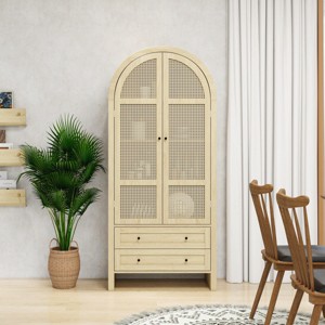 Arched Versatile Bookcase with Rattan Door Storage Display Cabinet with 2 Drawers & Adjustable Shelves for Living Room-Tanpinhause - 1 of 4
