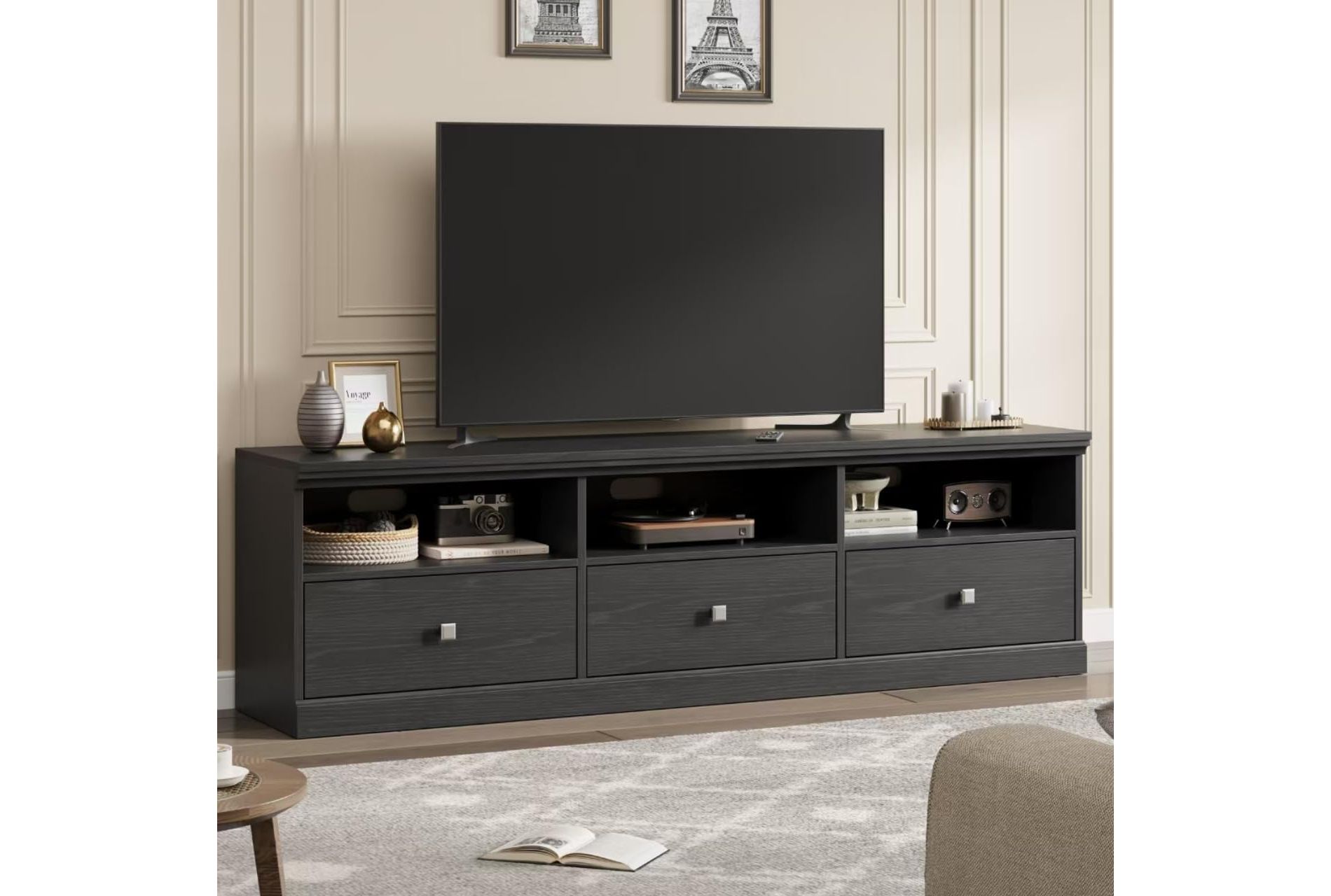 70in TV Stand for TVs up to 80", Modern Entertainment Center with Storage Drawer, Shelves, TV Console Media Cabinet for Living Room, Bedroom, Black