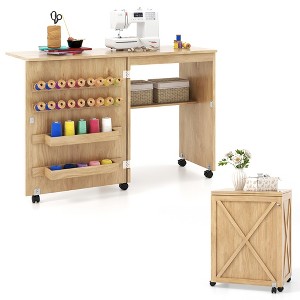 Tangkula Folding Sewing Table w/ Compact Design Storage Shelf 2 Trays & 18 Pegs Natural - 1 of 4