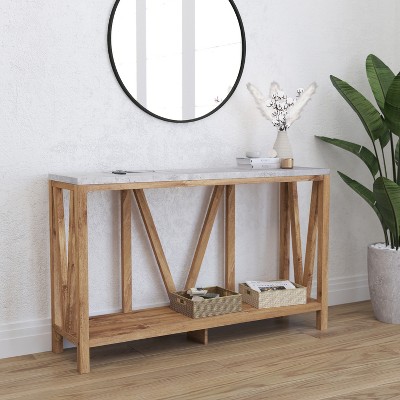 Warm Oak and Concrete Modern Farmhouse Sofa Table with Storage