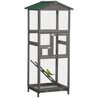 PawHut 65" Wooden Bird Cages Outdoor Finches Aviary Birdcage with Pull Out Tray 2 Doors, Gray