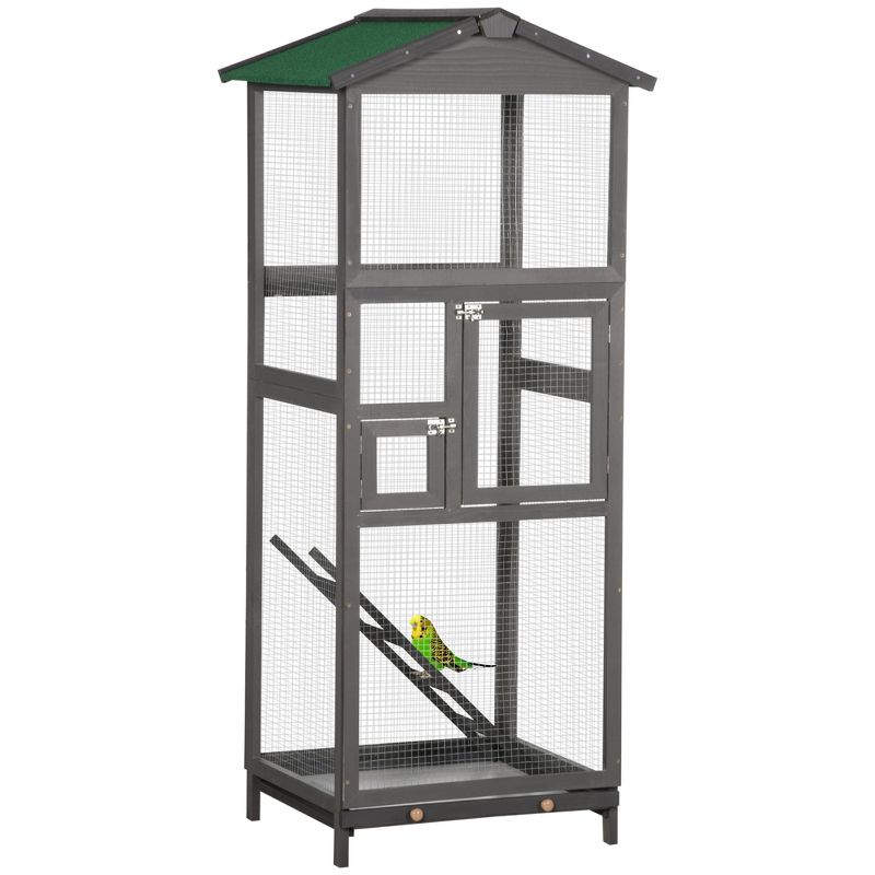 PawHut 65" Wooden Bird Cages Outdoor Finches Aviary Birdcage with Pull Out Tray 2 Doors, 1 of 7