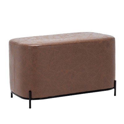 Distressed Brown Faux Leather Upholstered Bench with Black Metal Base