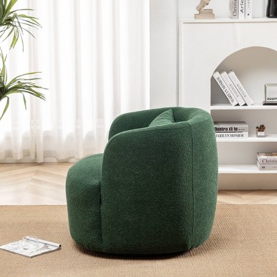 Green Boucle Upholstered Swivel Barrel Accent Chair with Wood Frame