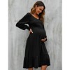 Coolmee Women Casual Smocked V Neck Lantern Long Sleeve Flowy Ruffled Maternity Midi Dress For Baby Shower Photoshoot - 2 of 4