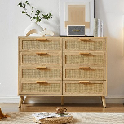 Resenkos 8 Drawer Wood Modern Rattan Natural Dresser for Bedroom Closet Storage White