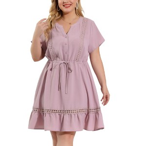 Agnes Orinda Women's Plus Size Elegant Short Sleeve Tie Waist Ruffle Hem At Knee Dresses - 1 of 4