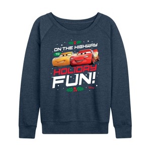Women's - Disney - On The Highway To Holiday Fun Lightweight French Terry Wide Neck Long Sleeve Shirt - 1 of 4