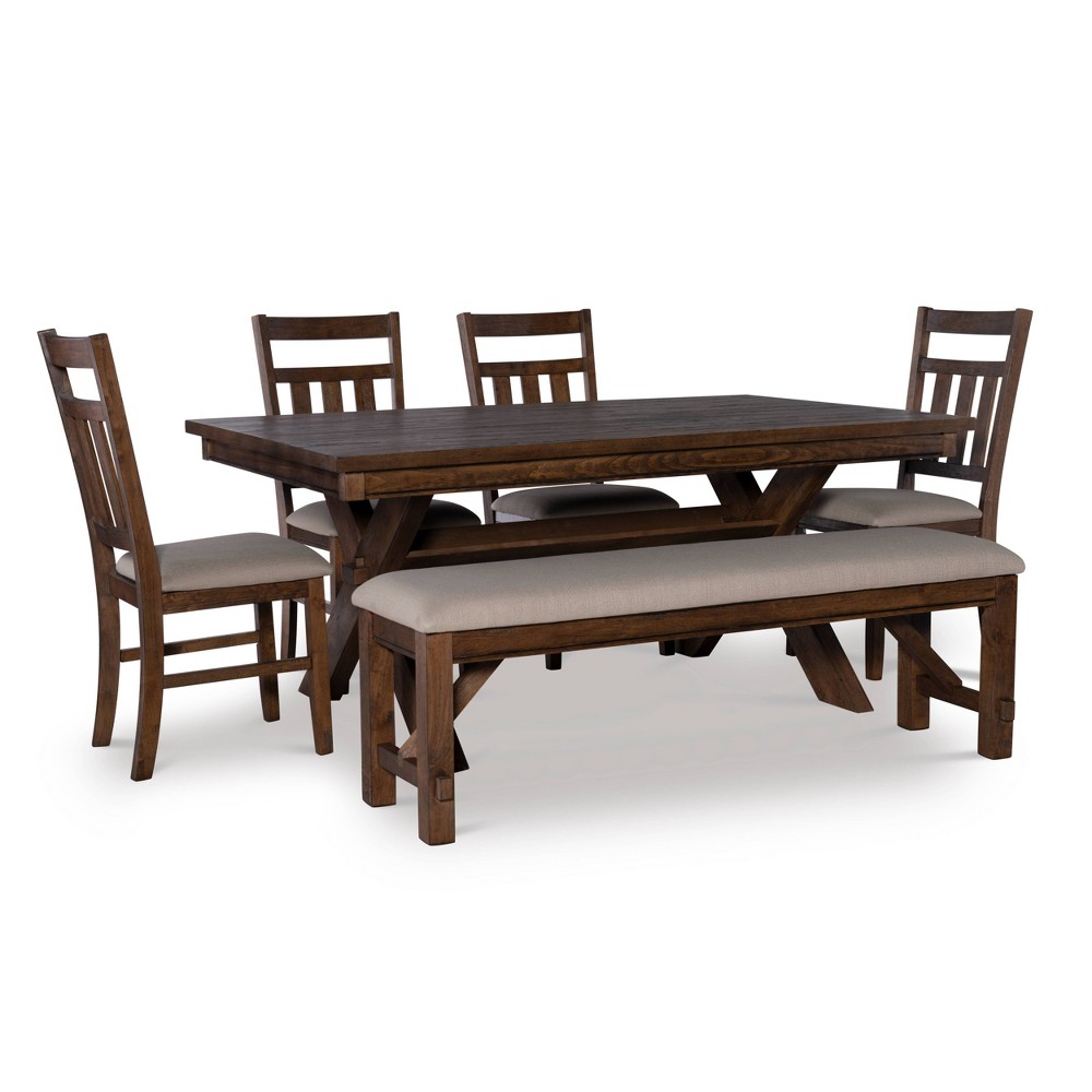 Photos - Dining Table 6pc Landon Dining Set with Upholstered Chairs and Bench Brown - Powell: Ru