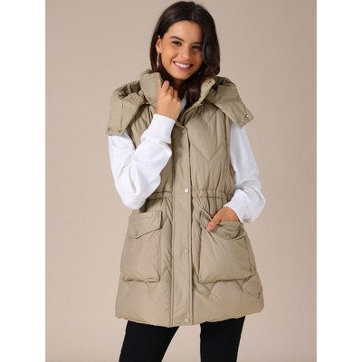 INSPIRE CHIC Women's Winter Hooded Zip Up Mid Long Sleeveless Quilted Padded Vest Coat Khaki Small — фото 2