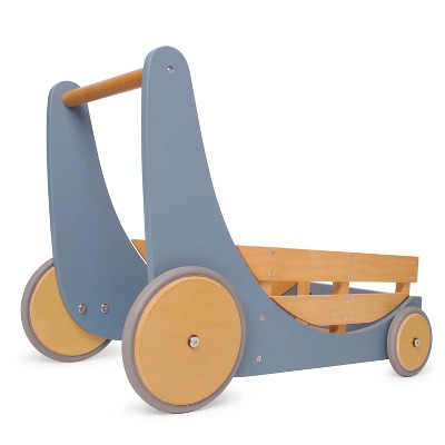 Kinderfeets 2-in-1 Wooden Cargo Push Walker Wagon for Children and Toddlers with Rubber Wheels, Blue
