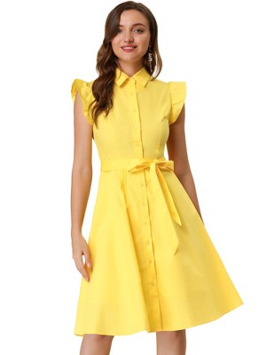 Allegra K Women's Cotton Ruffled Cap Sleeve Tie Waist Button Casual Office Shirt Dress