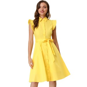 Allegra K Women's Cotton Ruffled Cap Sleeve Tie Waist Button Casual Office Shirt Dress - 1 of 4