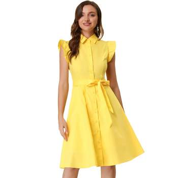 Womens A Line Dress Plain Fake Buttons V neck Yellow XL