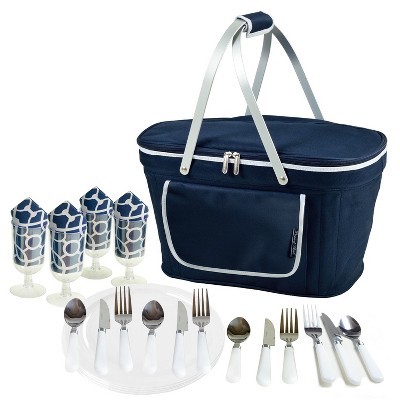 Picnic at Ascot Folding Soft Sided Cooler Basket with Four Person Picnic Set