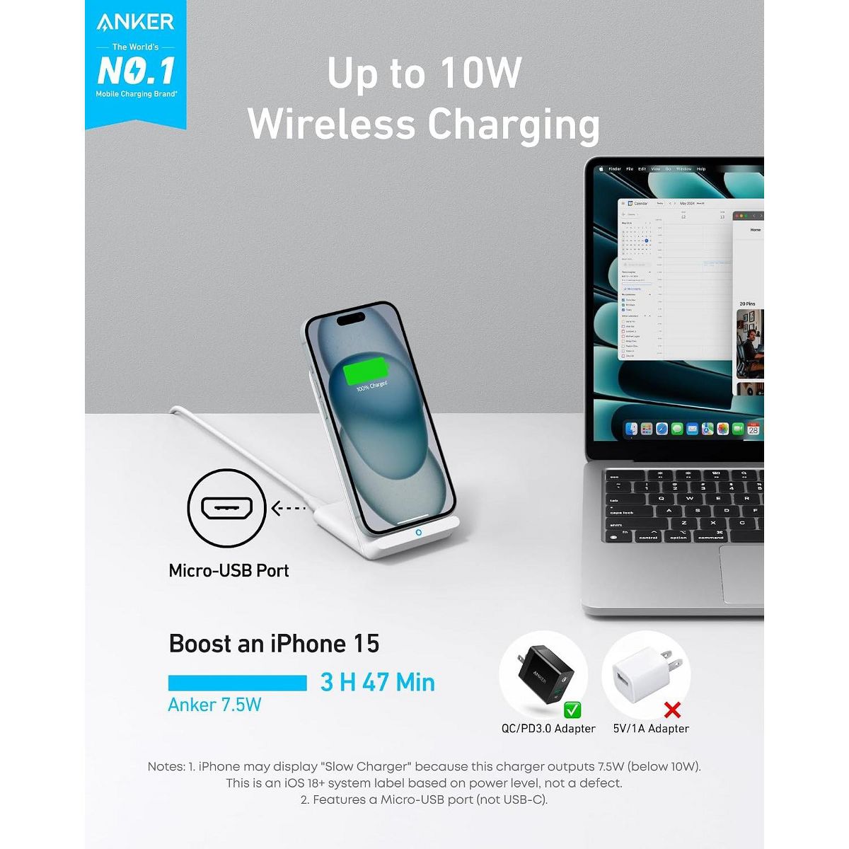 Anker 313 Wireless Charger (Stand), Qi-Certified for iPhone 15/14 / 13/12 / 11 / X / 8, 10W Max for Galaxy S23 / S22 / S21, Micro-USB - thumbnail 2