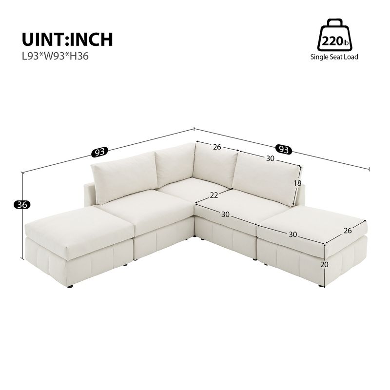 93"W 5-Seater Down Filled Upholstered Sectional Sofa Set with Convertible Ottomans, White/ Dark Grey, 4A -ModernLuxe, 3 of 17
