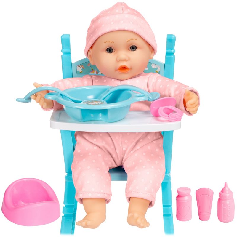 Best Choice Products 12.5in Realistic Baby Doll with Soft Body, Highchair, Potty, Pacifier, Bottle, 9 Accessories, 1 of 8