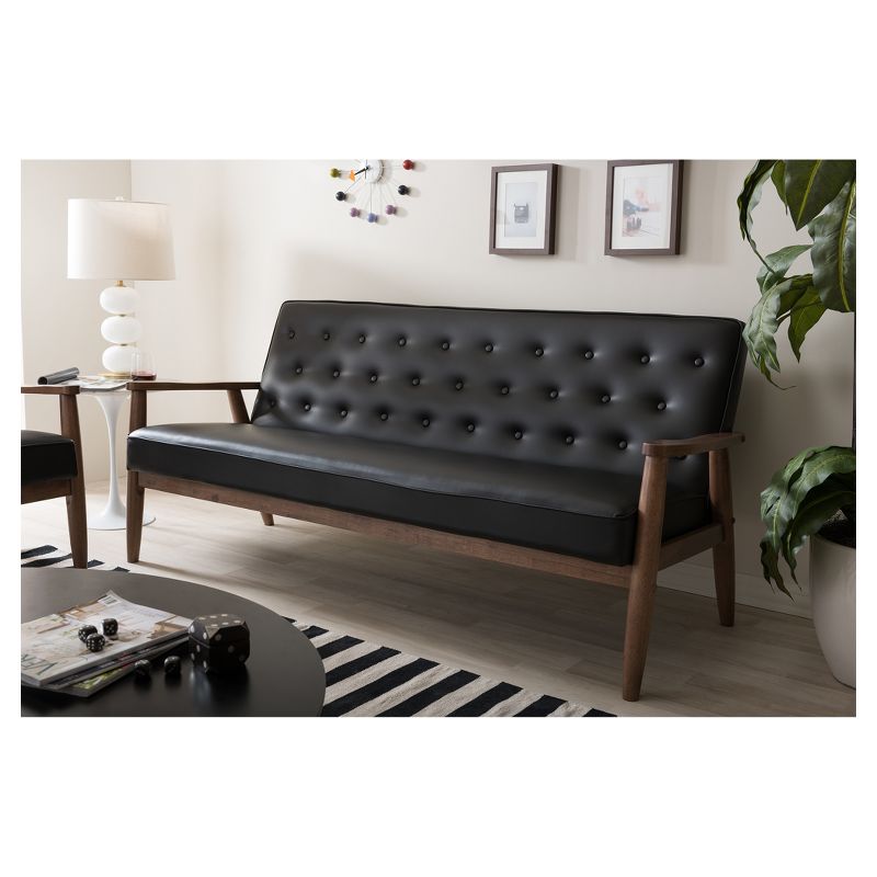 Sorrento Mid-Century Retro Modern Faux Leather Upholstered Wooden 3 Seater Sofa - Baxton Studio, 6 of 7