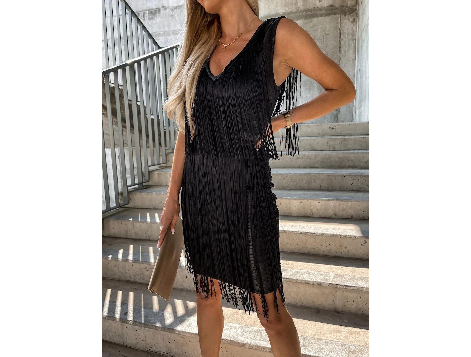 Coolmee Coolmee Women's Sequin Tassel Fringe Bodycon Dress V-Neck Sleeveless Glitter Club Party Skater Swing Mini Dress