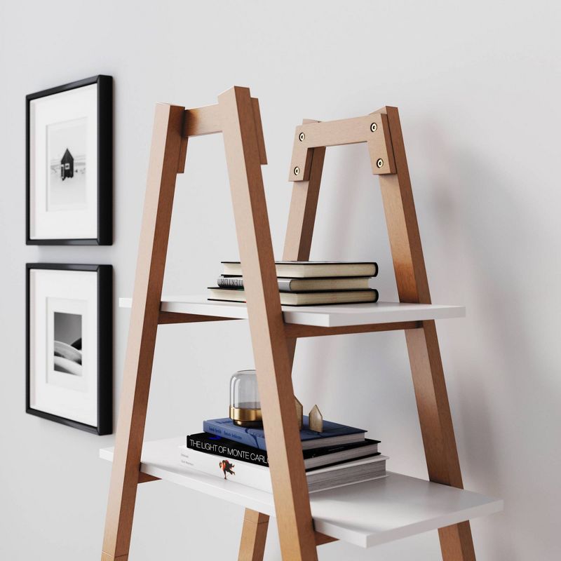 66&#34; Carlie Wood 5-Shelf Ladder Display Bookshelf Medium Pine/Matte White- Nathan James, 4 of 7
