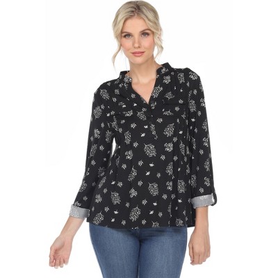Women's Pleated Long Sleeve Leaf Print Blouse - White Mark