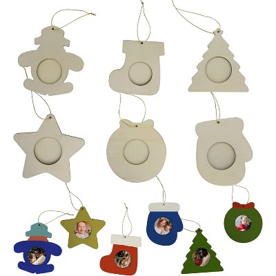 4E’s Novelty 12 Pack Unfinished DIY Wooden Picture Frame Christmas Ornaments Crafts for Kids & Adults, DIY Ornaments for Holiday Christmas Decorations
