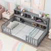 Full Size Floor Bed Frame, Toddler Bed with Bedside Bookcase, Shelves, Opening Guardrails, Modern Wood Floor Bed for Kids Bedroom, Grey - 2 of 4