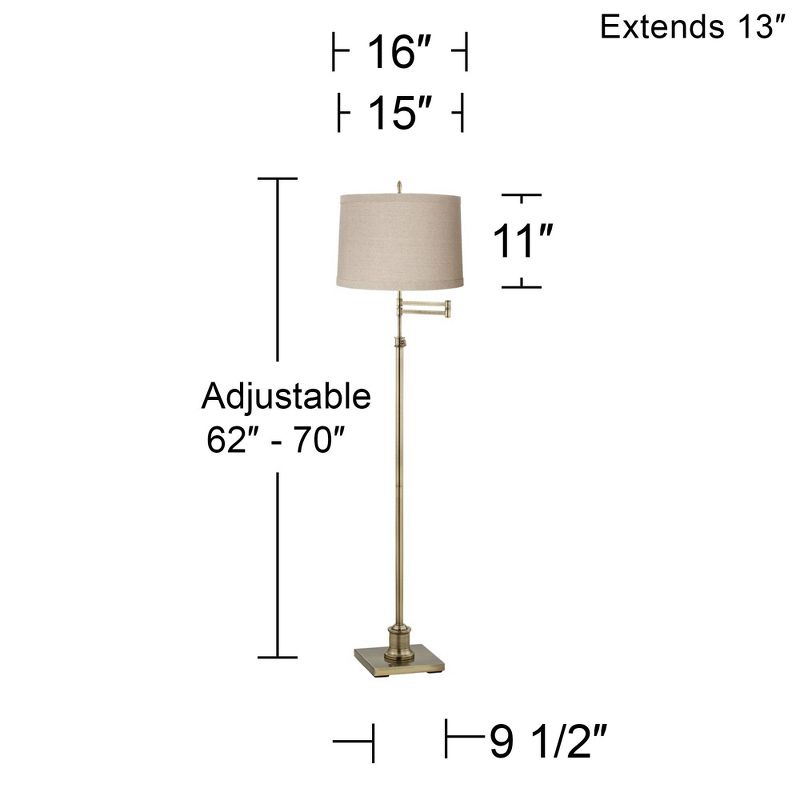 360 Lighting Swing Arm Floor Lamp 70" Tall Antique Brass Natural Linen Fabric Drum Shade for Living Room Reading Bedroom Office, 4 of 5