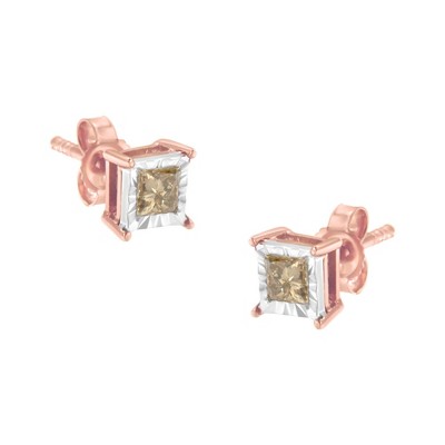 Haus of Brilliance 14K Rose Gold Plated Silver 1/2 Cttw Princess Diamond Solitaire Stud Earrings