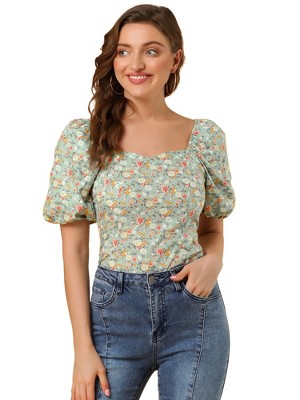 Allegra K Women's Puff Sleeve Square Neck Peasant Floral Blouse