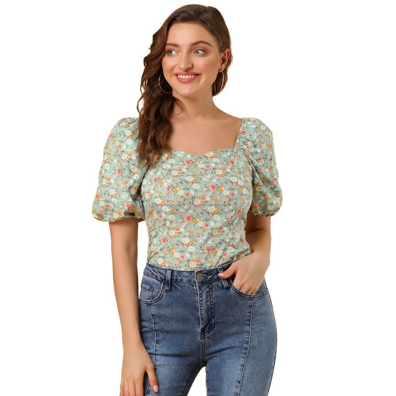 Allegra K Women's Puff Sleeve Square Neck Peasant Floral Blouse, 1 of 7