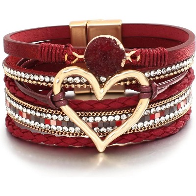Leather Wrap Bracelet with Heart-Shape Decor & Crystal Beads, Bohemian Cuff Bangle for Women & Girls