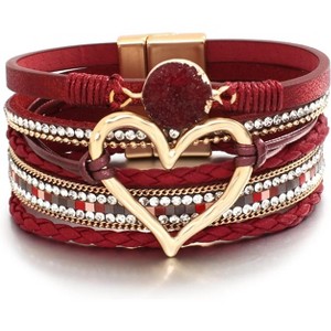 Leather Wrap Bracelet with Heart-Shape Decor & Crystal Beads, Bohemian Cuff Bangle for Women & Girls - 1 of 4