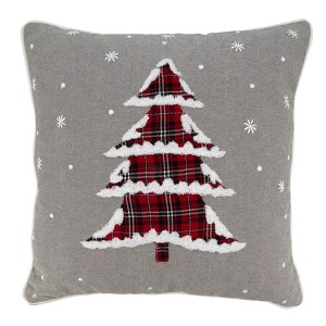 18"x18" Holiday with Plaid Christmas Tree Square Throw Pillow Cover Gray - Saro Lifestyle: 100% Cotton, Zipper Closure, Machine Washable - 1 of 3