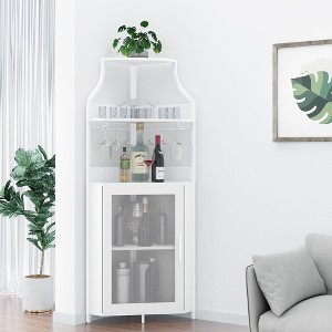 29" White Corner Wine Cabinet for Small Spaces, Holds 50+ Bottles & Glassware, MDF Storage Cabinet with Bar Top for Liquor, Cocktail Accessories - 1 of 4