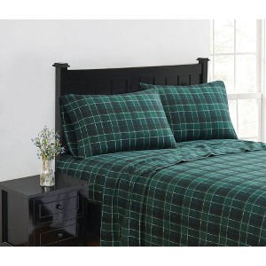 London Fog Queen Plaid Flannel Sheet Set Green - 1 of 3