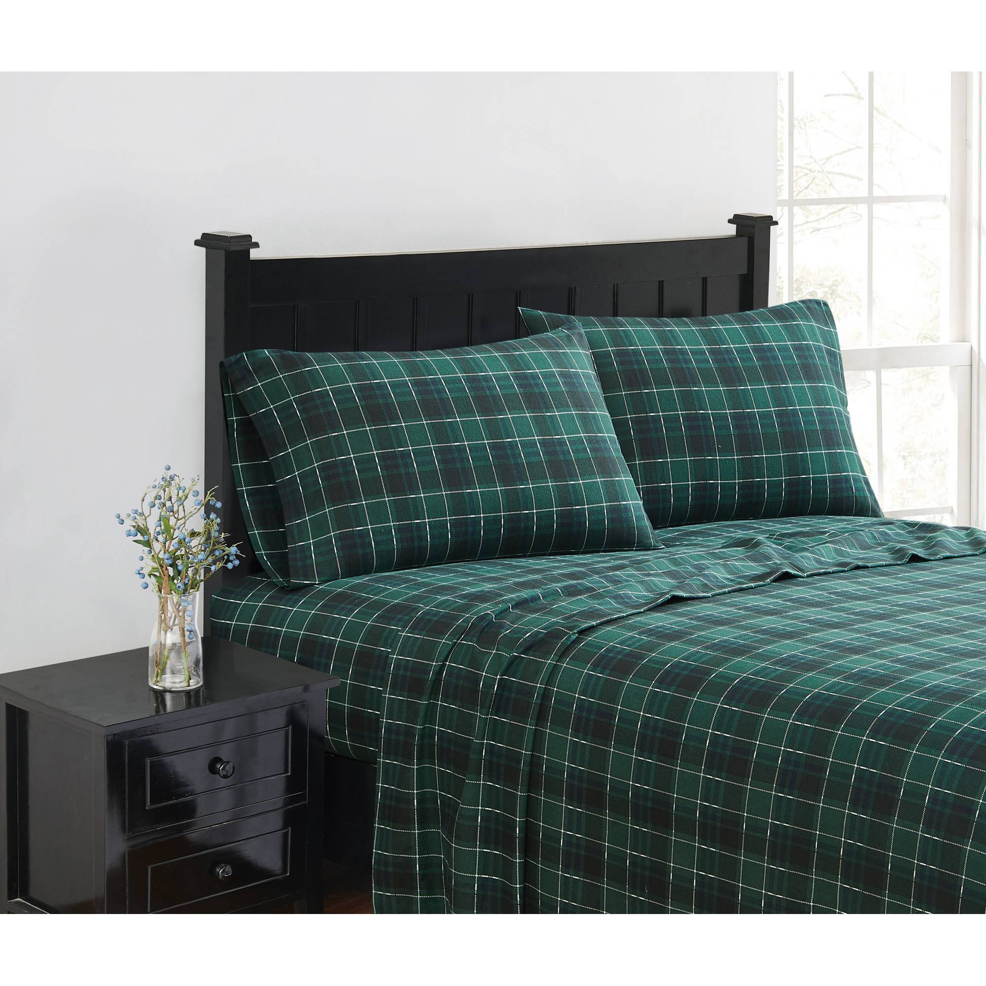 London Fog Queen Plaid Flannel Sheet Set Green