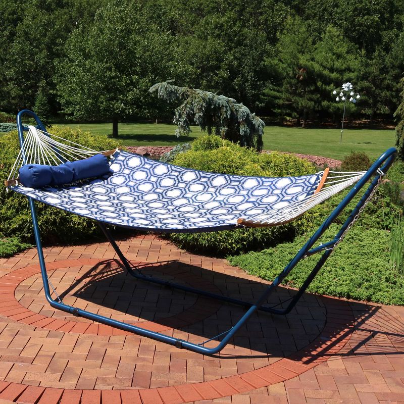 Sunnydaze Outdoor 2-Person Double Polyester Quilted Hammock with Wood Curved Spreader Bar and Matte Blue Steel Stand - Navy and Gray Tiled Octagon, 2 of 8