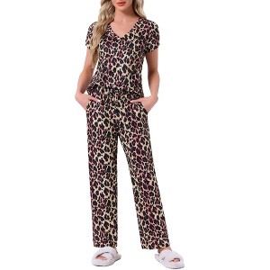 INSPIRE CHIC Womens Short Sleeve V-neck Top Drawstring Pants Pajama Sets with Pockets - 1 of 4